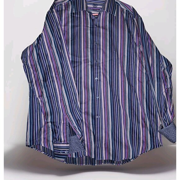 Bugatchi Uomo Purple Striped Dress Shirt Mens XXL Long Sleeve ButtonUp Flip Cuff - Picture 3 of 11